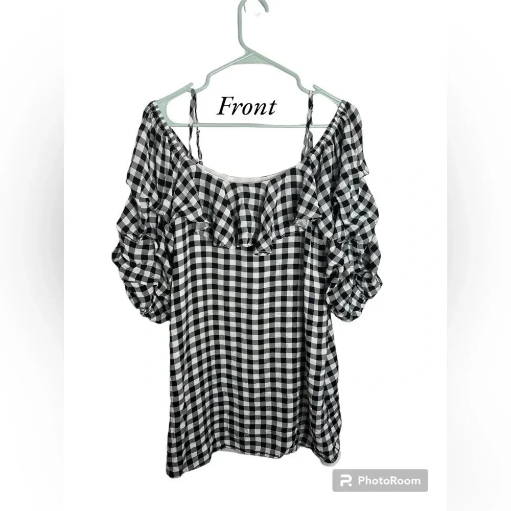Everly Anthropologie Shift Tunic Dress Gingham Black White Cold Shoulder